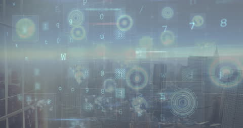 Digital Data Interface over City Skyline Conceptual Visualization