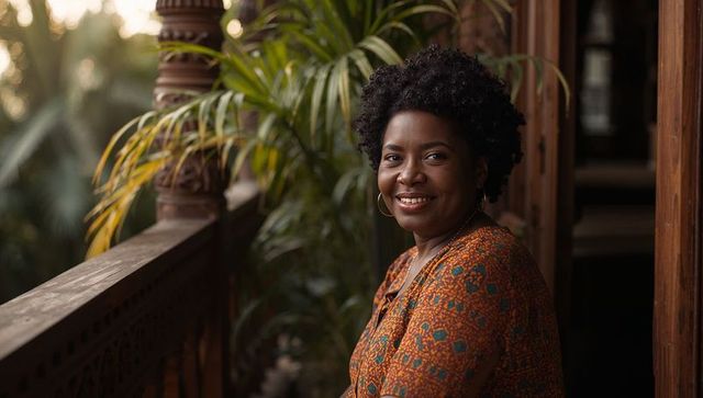 Smiling woman on carved veranda with tropical plants at golden hour wearing patterned top