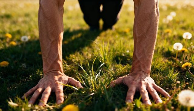 Pressing hands and forearms into sunlit grass with dandelions, meadow texture, closeup