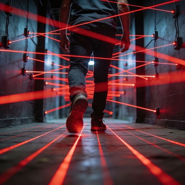 Man navigating red laser security corridor while stealthily walking through futuristic maze