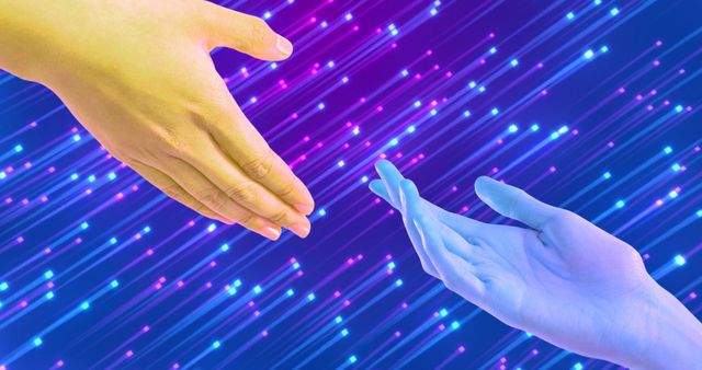 Image of hand of caucasian woman and blue hand reaching across purple and blue glowing lights. Connection, communication, alien life and future technologies concept digitally generated image.