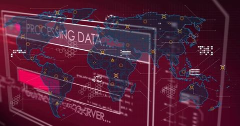 Displaying Neon World Map Overlay Showing Global Data Nodes, Connectivity and Cyber Analytics