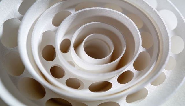 Concentric perforated white rings spiraling inward minimal abstract paper sculpture