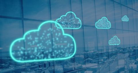 Digital clouds over cityscape representing cloud computing