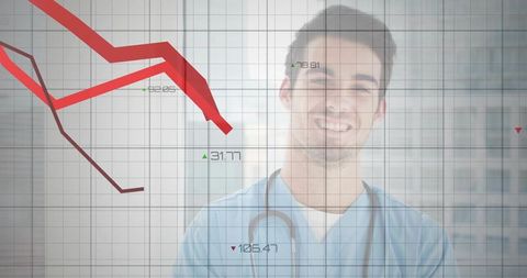 Smiling male doctor wearing blue scrubs and stethoscope overlaid with declining market charts