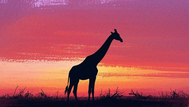 Giraffe silhouette in tranquil dusk savanna scenery