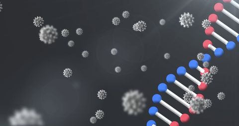 3D DNA Strand with Floating Coronavirus Particles on Dark Background