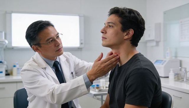 Physician palpating male patient's neck during clinic consultation in modern exam room