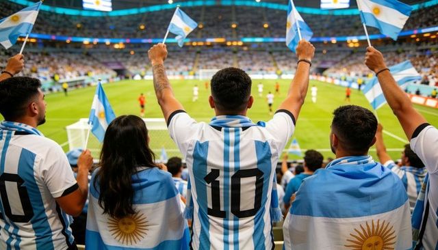 Argentina fans celebrating goal wearing number 10 jerseys waving flags in stadium