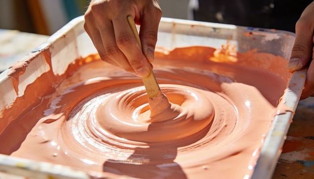 Hands stirring peach glaze into glossy spiral in tray using wooden stick