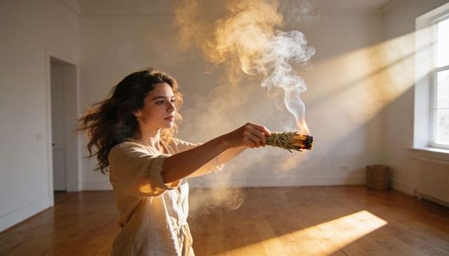 Woman waving burning sage bundle in sunlit minimalist room for cleansing ritual