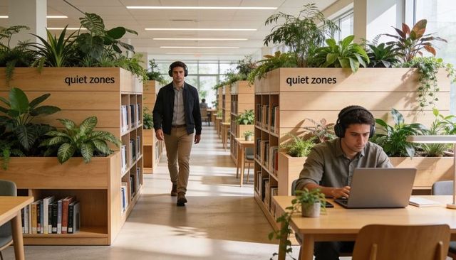 Man walking through quiet library aisle wearing headphones among biophilic shelves