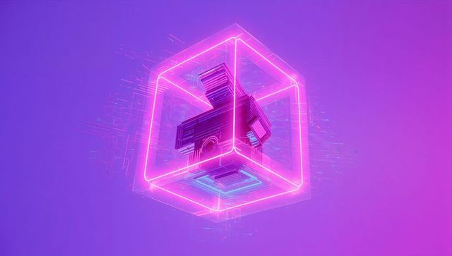 Floating Neon Cube with Glitching Data Streaks in Futuristic Space