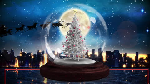 Magical Snow Globe with Christmas Tree Over Cityscape
