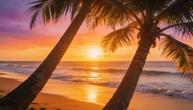 Leaning palm trees framing tropical sunset and golden shoreline reflection