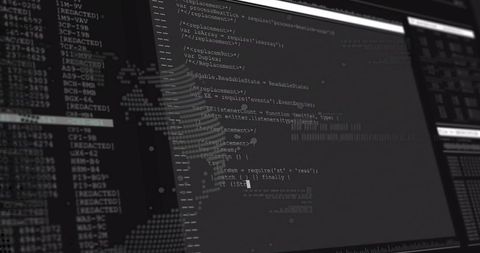 Displaying javascript code and dotted world map on dark developer monitor for telemetry