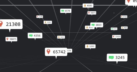 3D Digital Data Visualization Grid with Floating Information Bubbles