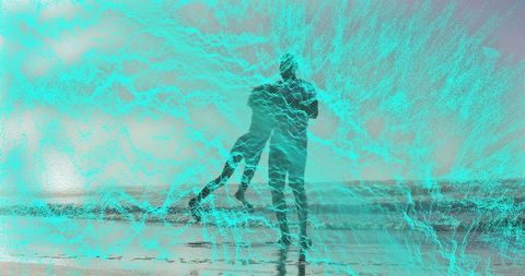 Father and Child Enjoying Serene Beach Waves, Vibrant Overlay