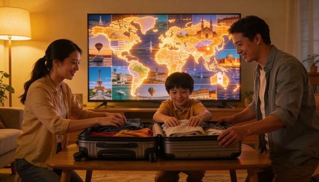 Family packing together for holiday night with world map on tv, suitcases and cozy home