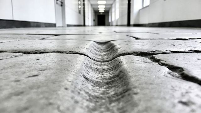 Worn groove carving through stone tile floor in long corridor low-angle vanishing view