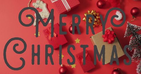 Festive Merry Christmas Text with Decorative Gift Boxes