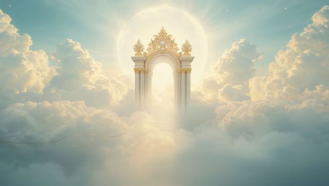 Hovering gilded archway over sunlit clouds with halo and golden threads