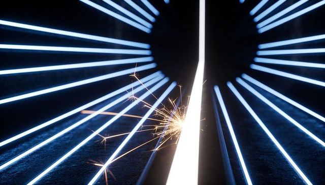 Blue neon radial lines with sparkler striking vertical beam creating futuristic glow