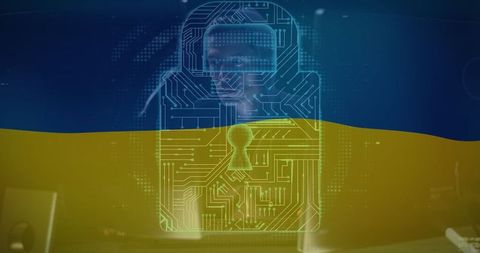 Cyber Warfare Concept with Ukrainian Flag and Digital Padlock