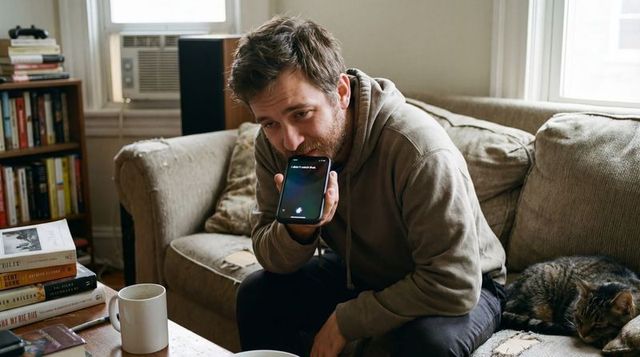 Bearded man using voice assistant on smartphone while relaxing on worn sofa with cat