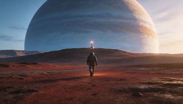 Astronaut walking toward beacon on alien red plain with massive gas giant overhead at dusk