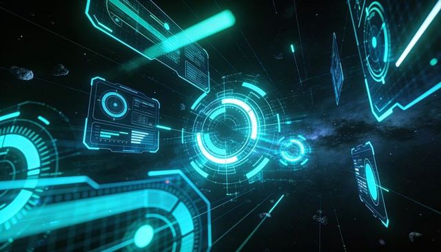 Rotating cyan holographic hud in deep space with circular reticle and data panels