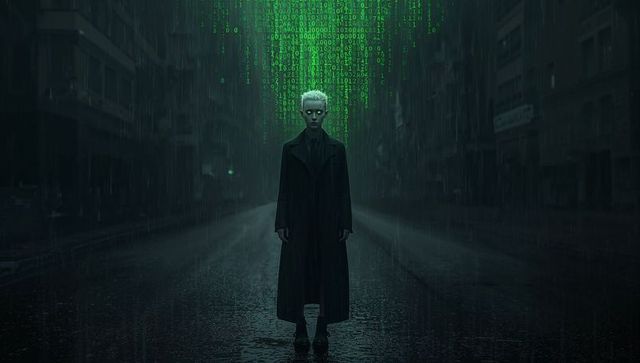 Standing in neon downpour watching emerald code: cyberpunk lone figure on rainy street