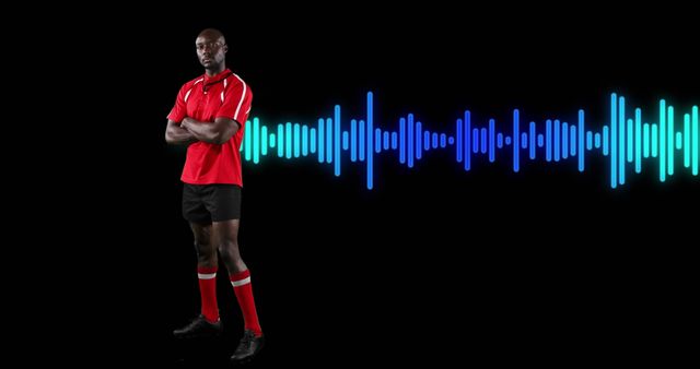 Confident Rugby Player Standing with Digital Soundwave Background - Download Free Stock Images Pikwizard.com