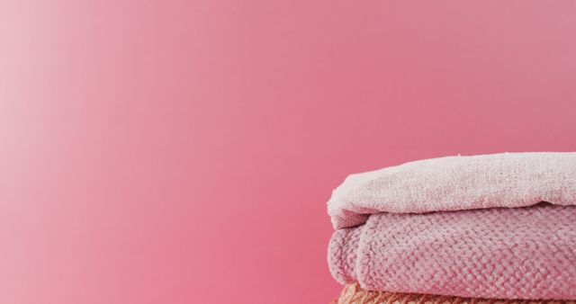 Neatly stacked soft pastel pink towels perfect for promoting laundry products, home decor, or hygiene campaigns. Ideal for websites, blogs, or advertisements focusing on cleanliness and comfort.