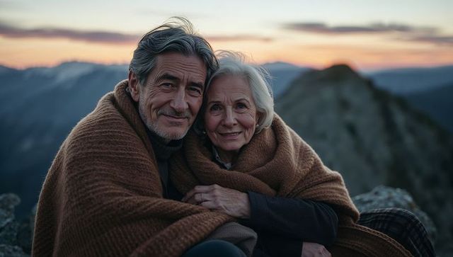 Senior couple cuddling under brown knit blanket on mountain summit at sunset