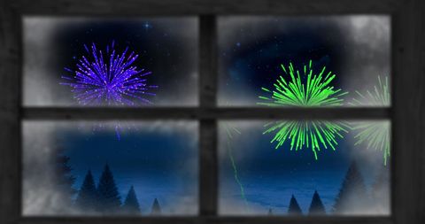 Festive Fireworks Display Through Frosty Windowpane