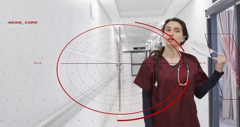 Nurse walking hospital corridor adjusting mask and checking doorway with aegis_core hud