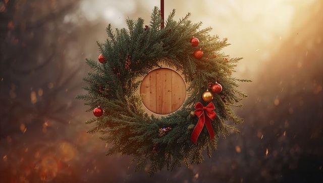 Rustic Festive Wreath Hanging in Natural Setting with Warm Sunlight