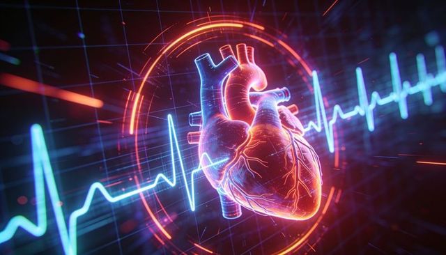 Rotating neon holographic heart with ecg waveform in futuristic medical hud for cardiology