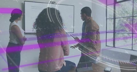 Business team collaborating over digital presentation with augmented reality overlay