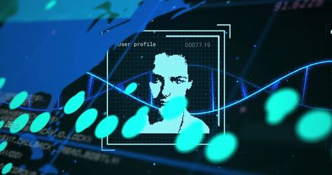 Futuristic holographic user profile with pixel portrait and dna helix neon interface