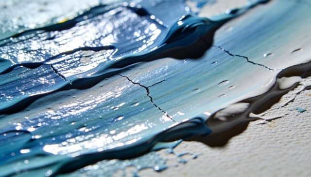Thick teal paint spreading across canvas showing knife marks, cracks and glossy texture