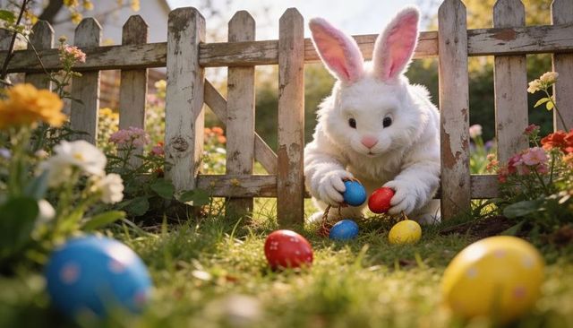 Fluffy easter bunny reaching through weathered picket fence collecting colorful eggs