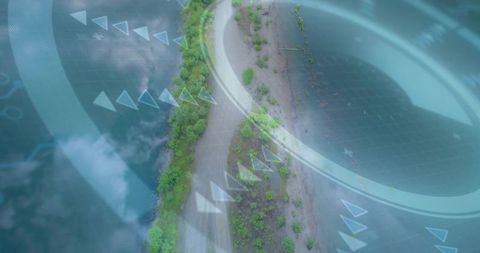 Aerial hud overlay curving coastal peninsula with trail, shoreline and vegetation
