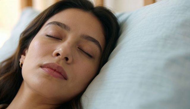 Young woman sleeping peacefully on pale blue pillow closeup serene skin gold hoop earring