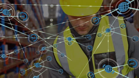 Warehouse Worker with Digital Network Connectivity Illustrations