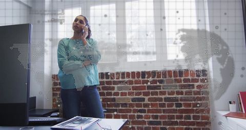 Businesswoman Discussing Global Strategy in Digital Office