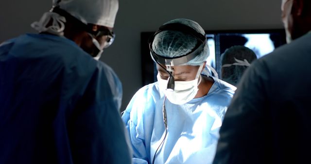 African american surgeons with face masks during surgery in operating room. Medicine, healthcare, surgery and hospital, unaltered.