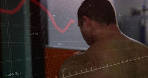 Shirtless man turning away with translucent digital graph overlay showing declining metric trend