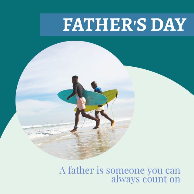 Photo features African American father and son carrying surfboards at the beach, ideal for celebrating Father's Day. Perfect for greeting cards, social media posts, and promotional materials aimed at family-oriented audiences. Emphasizes family bonding through outdoor activities and shared experiences.